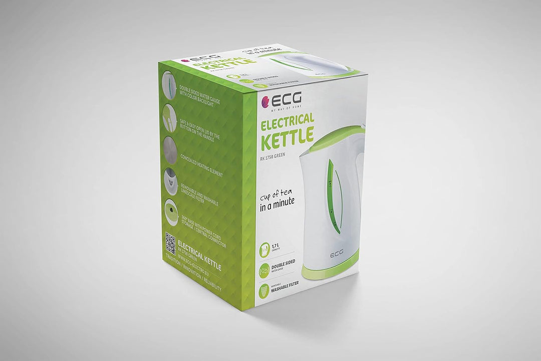 ECG RK 1758 Green, Wasserkocher, 1,7 Liter, Grün-weiss, Plastik, 1.7 liters