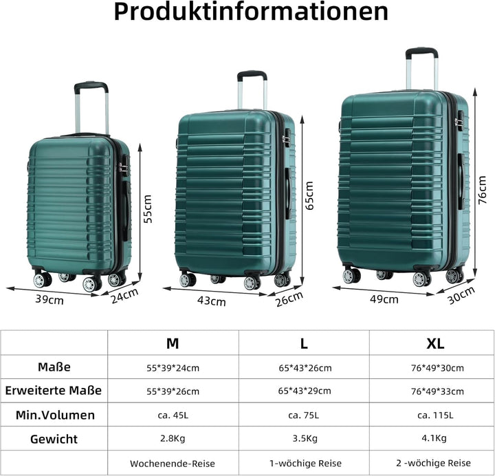 BEIBYE Zwillingsrollen Reisekoffer Koffer Trolleys Hartschale M-L-XL-Set (Dunkelgrün, M) Dunkelgrün