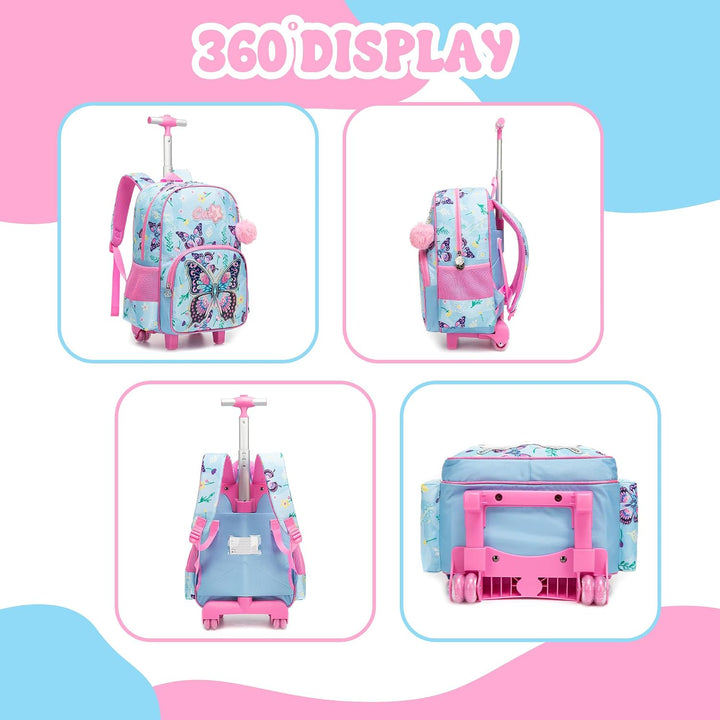 HTgroce Schulrucksack Trolley Mädchen (Schmetterling Design) – Ergonomischer Schulranzen mit Rollen