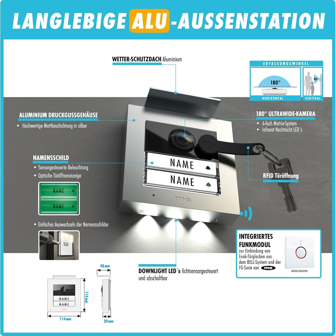 m-e Video-Türsprechanlage RFID silber/weiss | Aluminium Aussenstation für 2-Familienhaus | 7“ Design