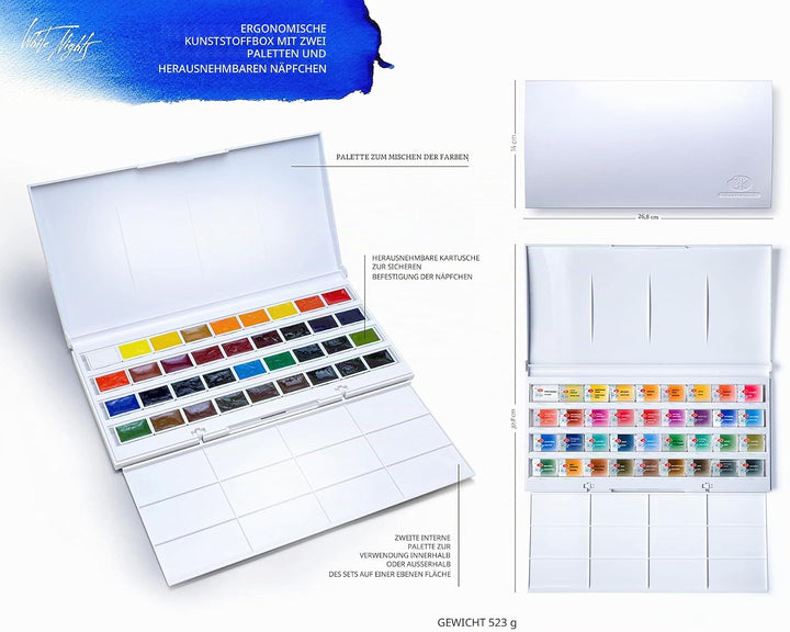 Honsell White Nights russische Künstler-Aquarellfarben im Set, Farben in ganzen Näpfchen im Kunststo