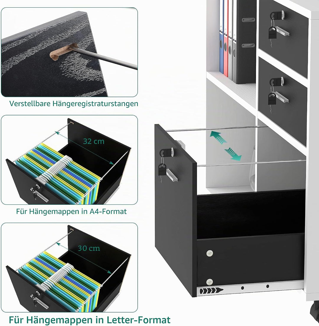 YITAHOME Rollcontainer, Aktenschrank mit 3 Schubladen und 2 Fächern, Mobile Dokumentenschrank mit Um