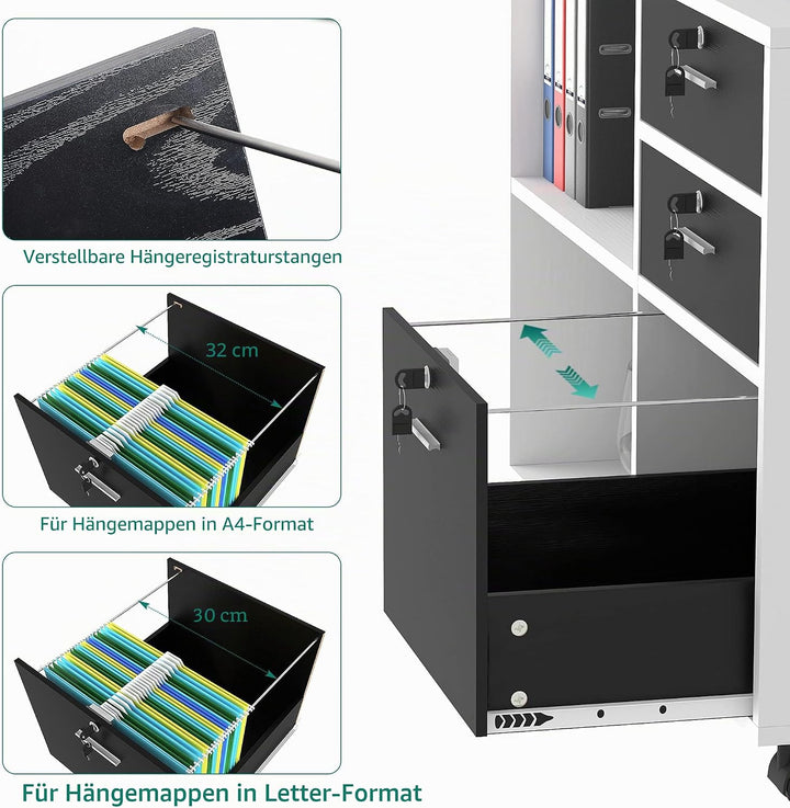 YITAHOME Rollcontainer, Aktenschrank mit 3 Schubladen und 2 Fächern, Mobile Dokumentenschrank mit Um