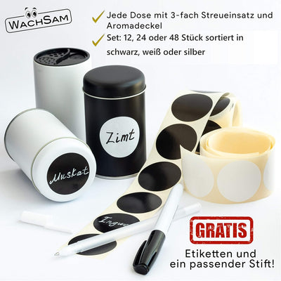 WachSam 12/24/48 Gewürzdosen Schwarz 175 ml mit 3-Fach Streueinsatz | Luftdicht verschliessbar | Top
