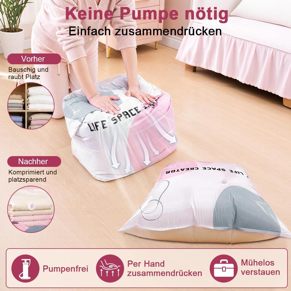 6er-Pack Vakuumbeutel ohne Pumpe, 3x 50x70x30cm + 3x 80x100x38cm, Vakuum Aufbewahrungsbeutel, platzs