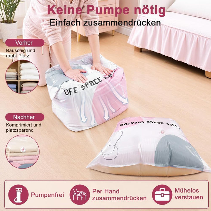 6er-Pack Vakuumbeutel ohne Pumpe, 3x 50x70x30cm + 3x 80x100x38cm, Vakuum Aufbewahrungsbeutel, platzs