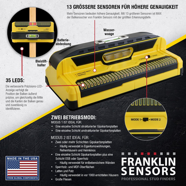 Franklin Sensors ProSensor MAX Balkenfinder mit 13 Sensoren, Holz- und Metall-Bolzendetektor/Wandsca