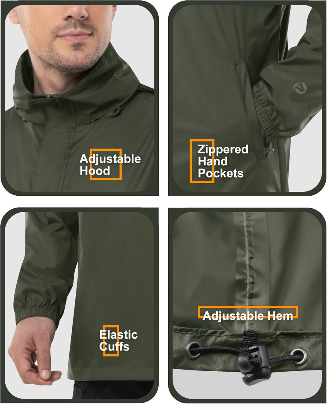 Herren Regenjacke Wasserdichter Pullover mit Kapuze Packbare Reflektierende Jacke Leichte Fahrrad Wi