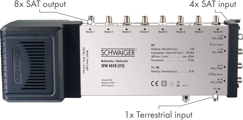 SCHWAIGER -SEW4058 531- SAT Multischalter 5 → 8 | verteilt 1 Satellitenposition auf 8 Ausgänge | Ein