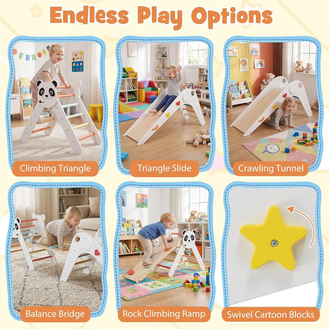 FANTASK Kletterdreiecke Indoor 3er Set, Klappbares Klettergerüst Holz mit Rutsche, Rampe & Kletterle