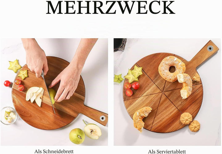 Pizzabrett Akazienholz, TJ POP 30 x30 cm Pizzateller Pizzaschneidebrett mit Pizzaschneider und Pizza