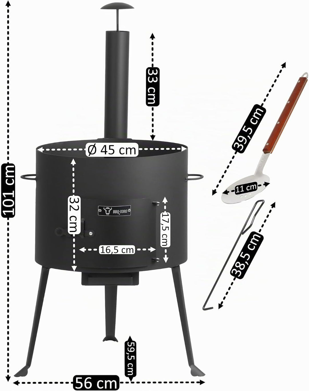 BBQ-Toro Kazan Ofen Ø 44 cm | Gulaschkessel mit Schaumlöffel und Schürhaken | Outdoor Ofen mit Rohr,