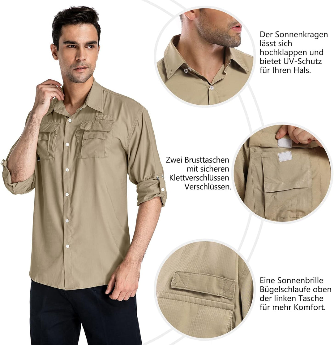 yeyity Outdoor Hemd Herren Langarm Safari Hemd UPF50 UV Schutz Funktionshemd Atmungsaktiv Button Dow