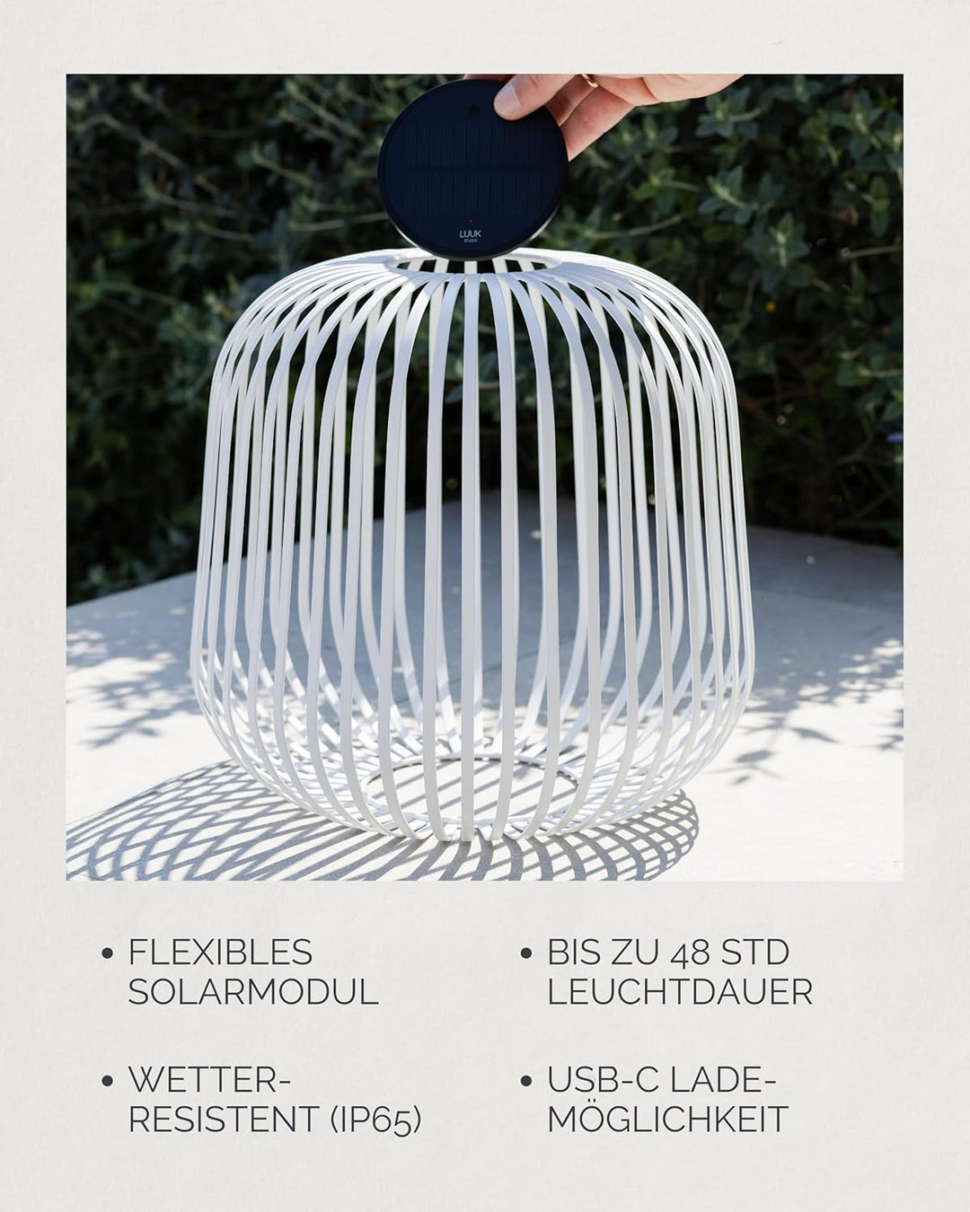 LUUK Studio Grosse Solar Tischlampe, kabellos & tragbar, Outdoor Solarbeleuchtung für den Aussenbere