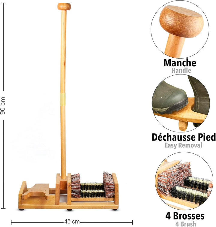 Stiefelknecht / 4 Bürsten - Stiefelzieher mit langem Holzgriff zum Aufstützen - Bürste, Abkratzer, S