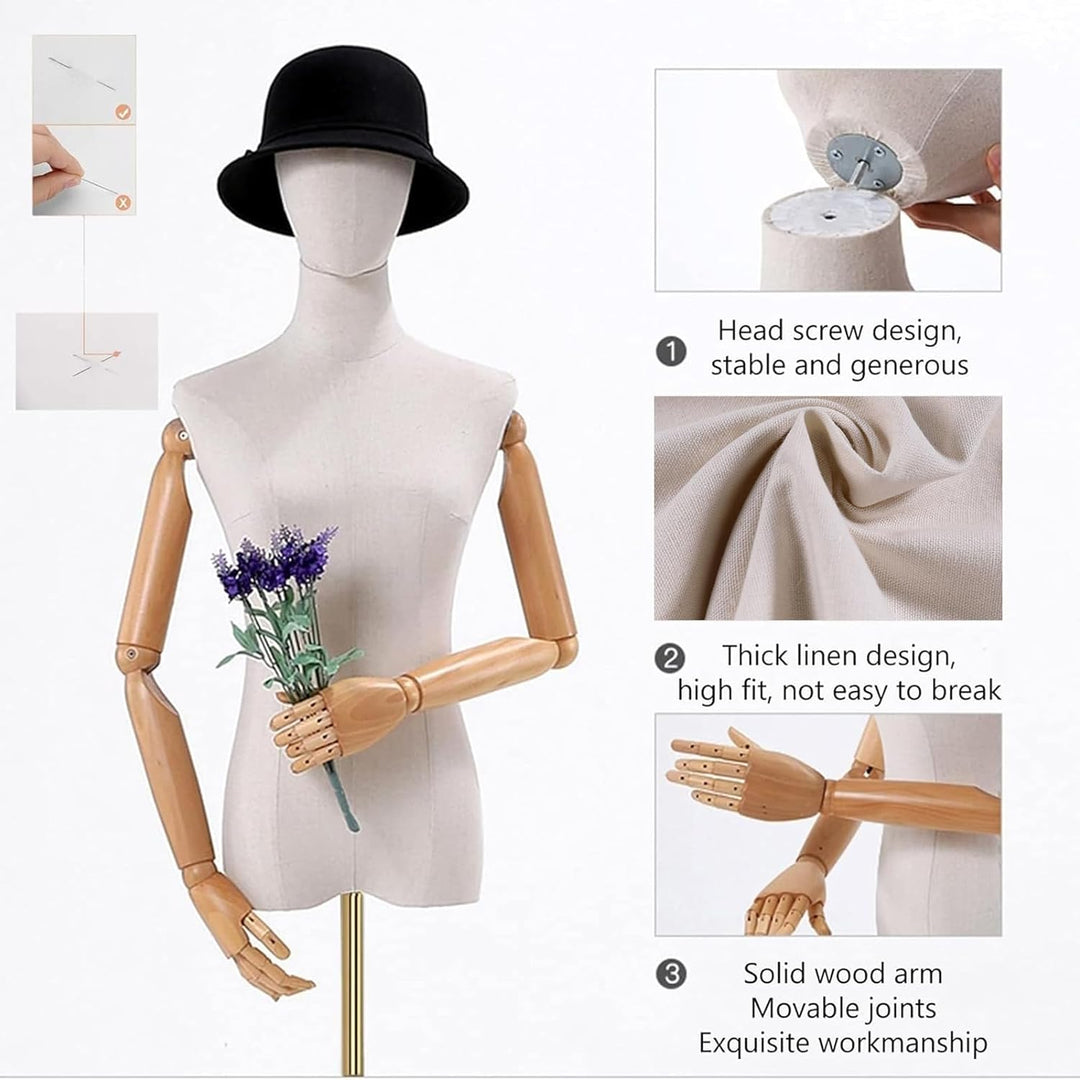 Jueraori Schaufensterpuppe Körper Weiblich, Schneiderpuppe mit Holz Armen, Mannequin Torso mit Verst