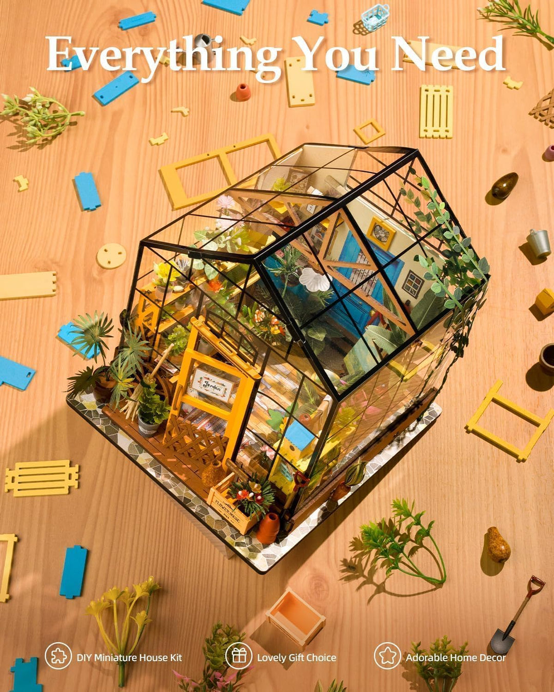 RoWood DIY Miniatur Haus Puppenhaus Gewächshaus mit Licht, DIY Mini Holz Haus Modell Set, Bastelset