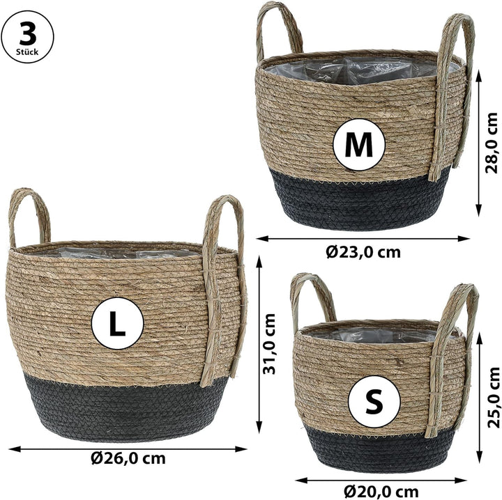 Cepewa Pflanzkorb 3er Set │ Kunstofffolien-Inlay Seegras│ Übertopf Körbe Korbset Pflanztopf (1 x 3er
