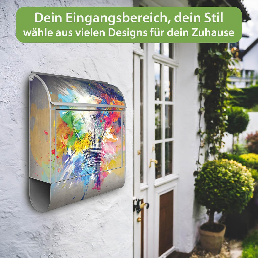 banjado® Design Briefkasten mit Motiv Idee 39x47x14cm &amp; 2 Schlüssel - Briefkasten Stahl Silber mit Z