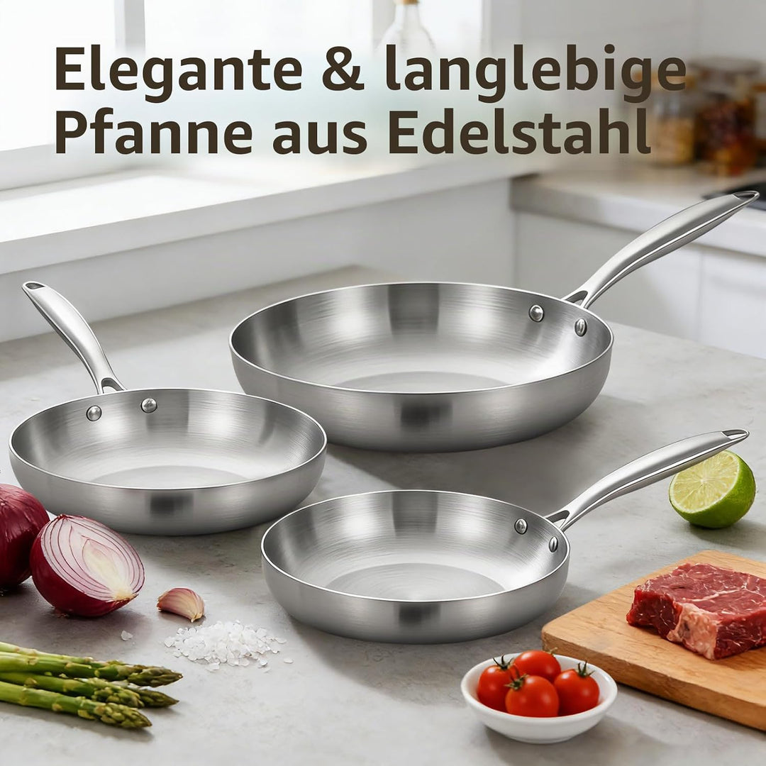 Inqibee Edelstahlpfanne Bratpfannenset Unbeschichtet 20 24 28 cm mit Deckel - Pfannenset Edelstahl,
