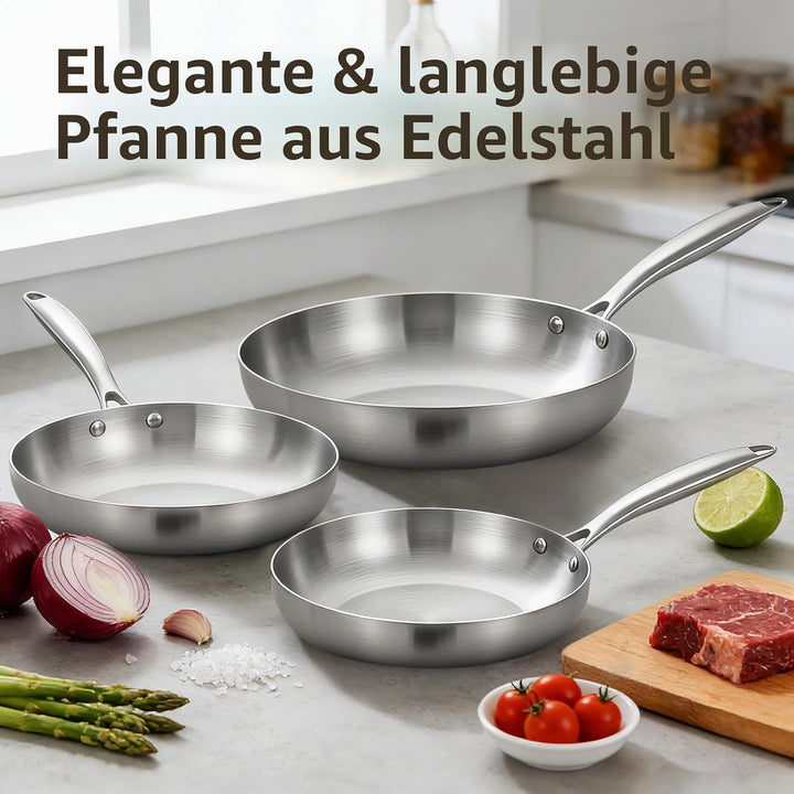 Inqibee Edelstahlpfanne Bratpfannenset Unbeschichtet 20 24 28 cm mit Deckel - Pfannenset Edelstahl,