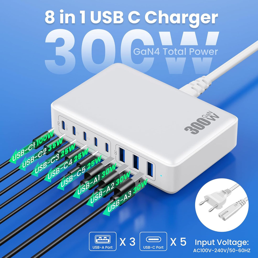 300W USB C Ladegerät Mehrfach, 8 Ports Schnellladegerät Ladestation Mit 5 USB-C und 3 USB-A Charger
