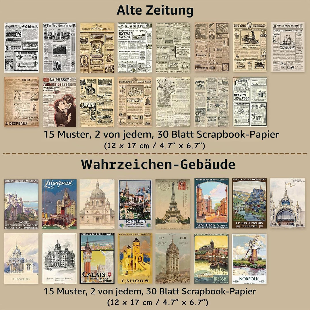 240 Blätter Vintage Scrapbooking Papier Deko 17x12cm Retro Scrapbooking Zubehör Tagebuch Papier Bast