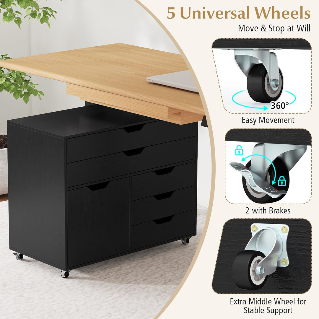 KOMFOTTEU Aktenschrank mit Rollen, Bürocontainer mit 5 Schubladen & 1 Schrank, Rollcontainer Schubla