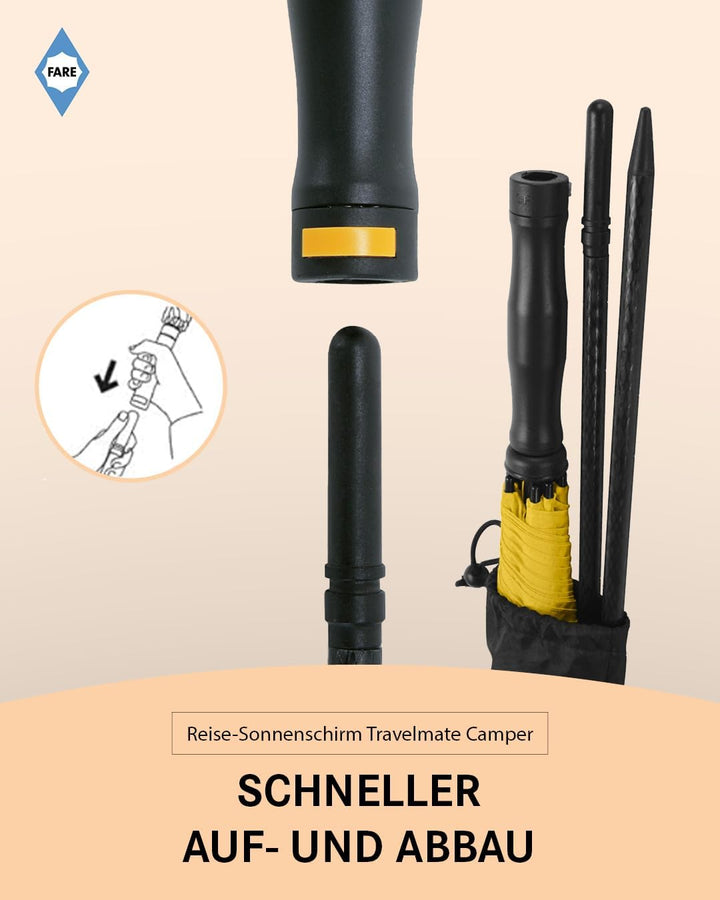 FARE Reise-Sonnenschirm Travelmate Camper UV Schutz 50+ für Koffer Flugzeug Camping Balkon Strand Ga