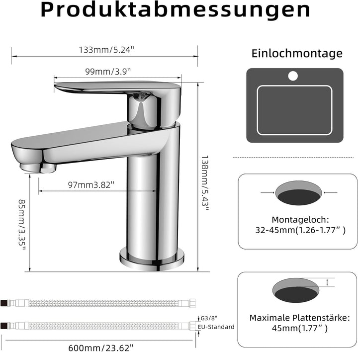BELZ Wasserhahn Bad, Einhebel-badarmatur, Armatur Badezimmer, Mischbatterie Bad, Höhe 85 mm, Energie