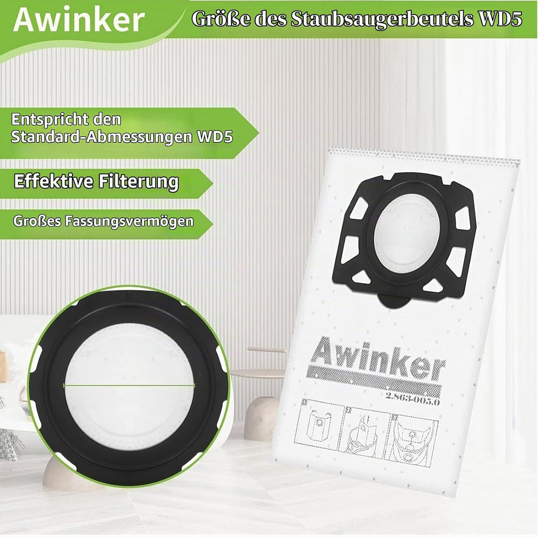 10 Stück Staubsaugerbeutel für Kärcher 2.863-006.0 Vliesfilterbeutel 487 Ersatzbeutel WD4 WD5 WD6 WD
