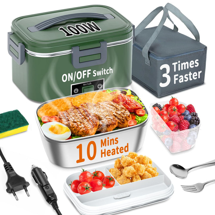 Elektrische Lunchbox 100W, 3-in-1 tragbare beheizte Lunchbox, Herausnehmbare Edelstahl-Brotdose, 12V