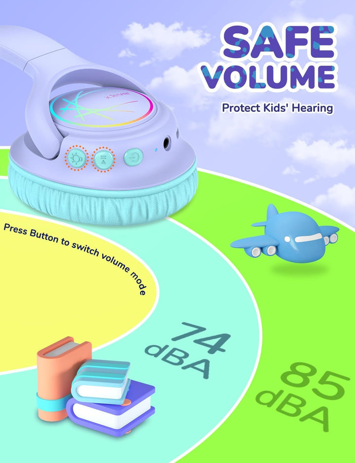 iClever Bluetooth kopfhörer Kinder mit LED-Leuchten, 74/85/94dB Lautstärkebegrenzung, 43 Stunden Spi