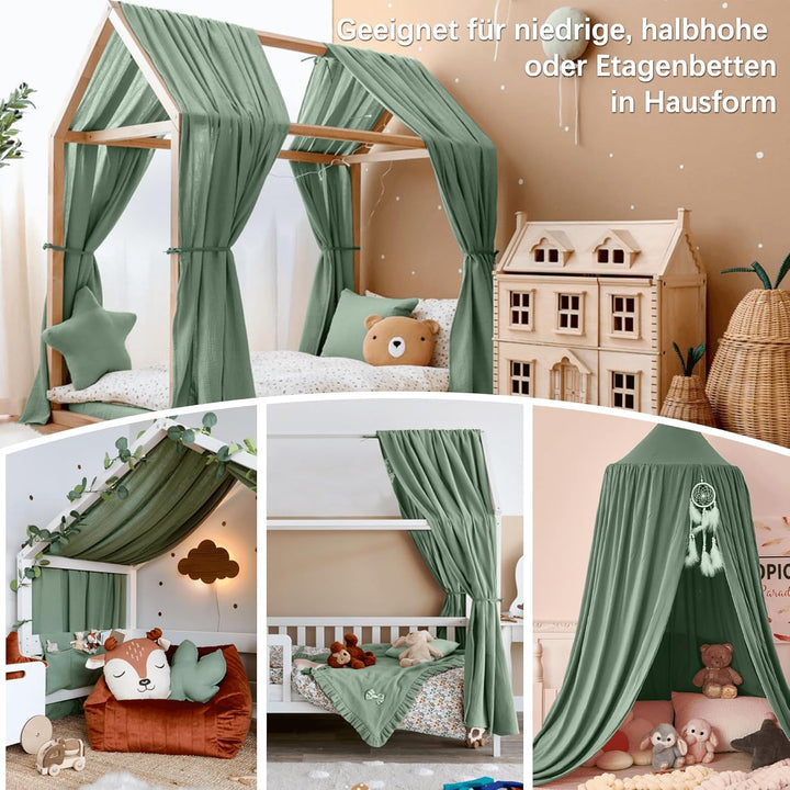 Hausbett Himmel Deko Set, Betthimmel Hausbett aus Musselin - 2 Betthimmel & 1 Wimpelkette, für Junge