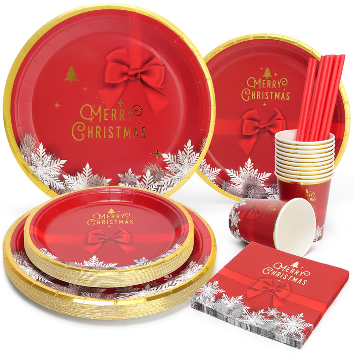 PARTY GO 96 Stück Pappteller Weihnachten, Partygeschirr Set Weihnachtsparty Pappteller Servietten Pa