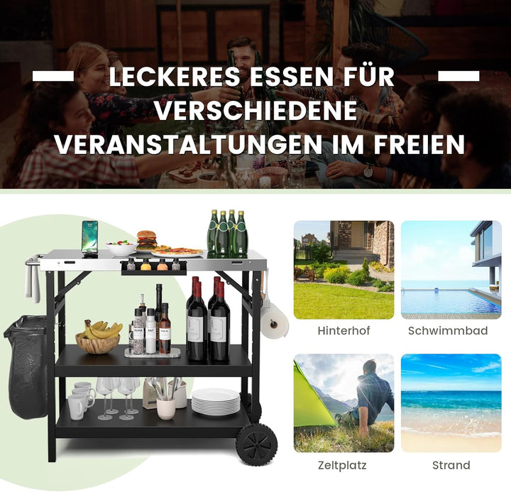 GYMAX 3-Ebenen Grilltisch klappbar, Servierwagen für die Zubereitung von Speisen, BBQ Werktisch mit