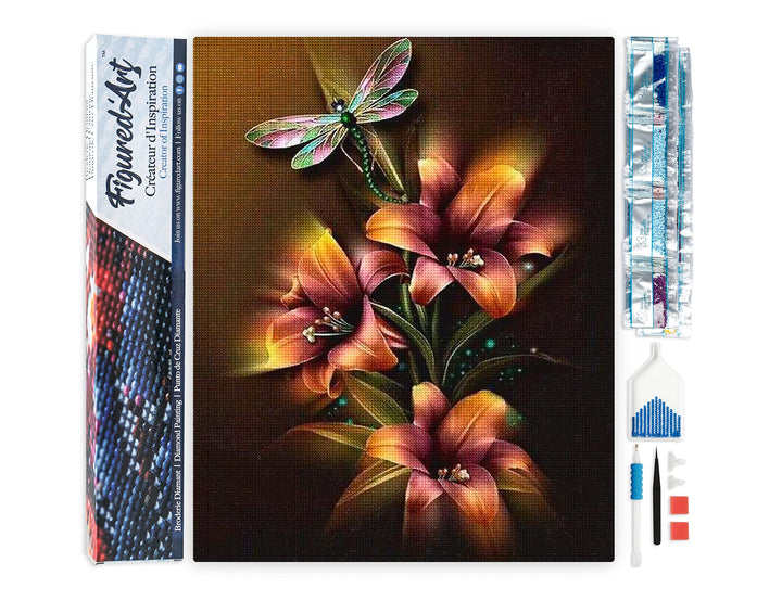 Figured'Art Diamond Painting Erwachsene 40x50cm Ganze Leinwand gerollt Lilien und Libelle 5D Bilder