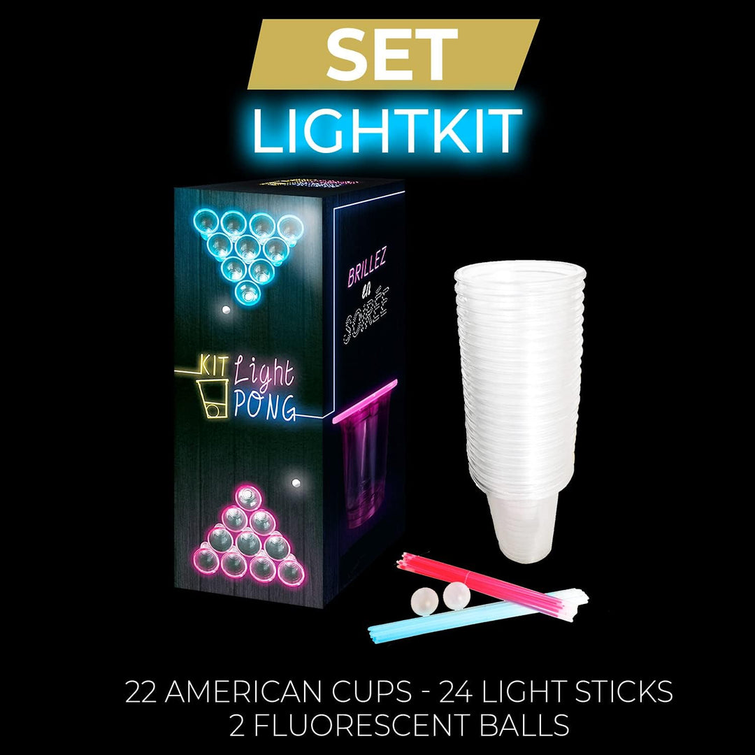 Beer Pong Offizielles Komplettset | Beleuchtungsset | 1 Heller Tisch mit Löchern + 22 American Cups