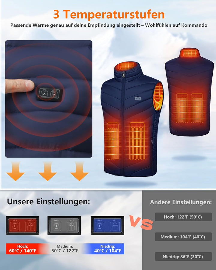 Beheizbare Weste für Herren mit Akku 10000mAh Heizwesten 5 Heizzonen 3-Stufige Temperaturregelung Do
