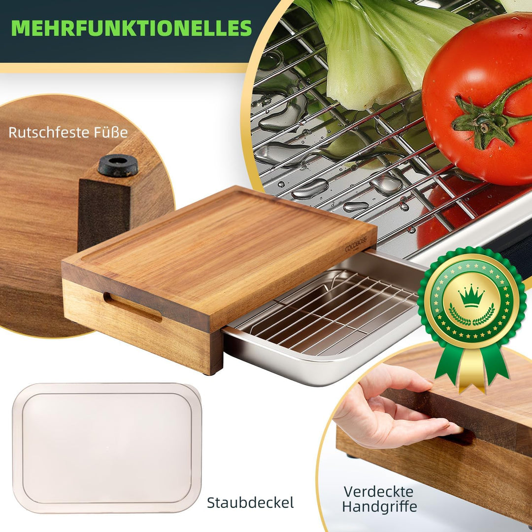 COCOBOSS Schneidebrett Holz mit Auffangschale, 35,5x25x8.7cm Akazien Schneidebrett mit Auffangschale