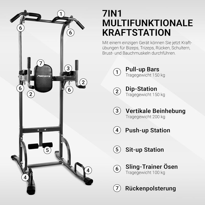 MSPORTS Power Tower - 7in1 multifunktionale Kraftstation - in der Grösse verstellbar - mit Liegestüt