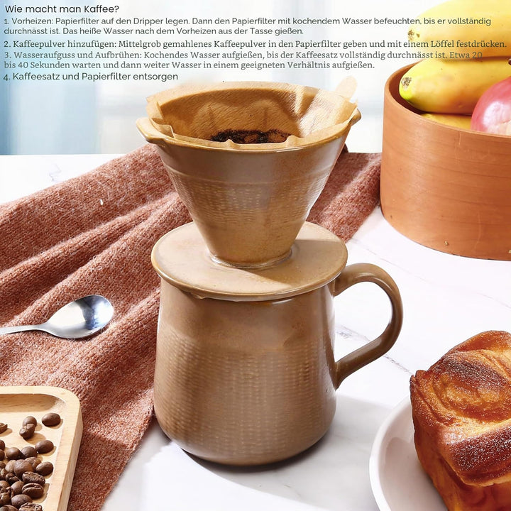 Polydremio Pour Over Kaffeebereiter – 300-ml-Tasse mit Tropfer und 100 kleinen Kegelfiltern, Braun