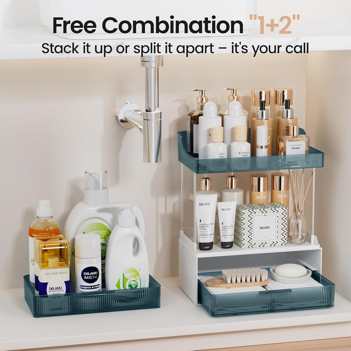 Delamu Make Up Organizer mit 2 Schubladen, 2 Etagen Kosmetik Organizer, Multifunktions Grösser Kosme