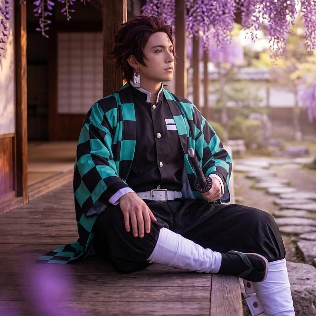 Alaiyaky Tanjirou Cosplay Kostüm mit Earrings, Tanjirou Cosplay Kimono Halloween Jacke Kostüm Anime