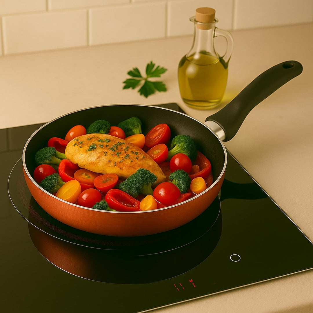 Pfannenset Ø16 Ø 20 Ø 24 und Ø28 cm Induktion, antihaftbeschichtet, aus gepresstem Aluminium, bronze