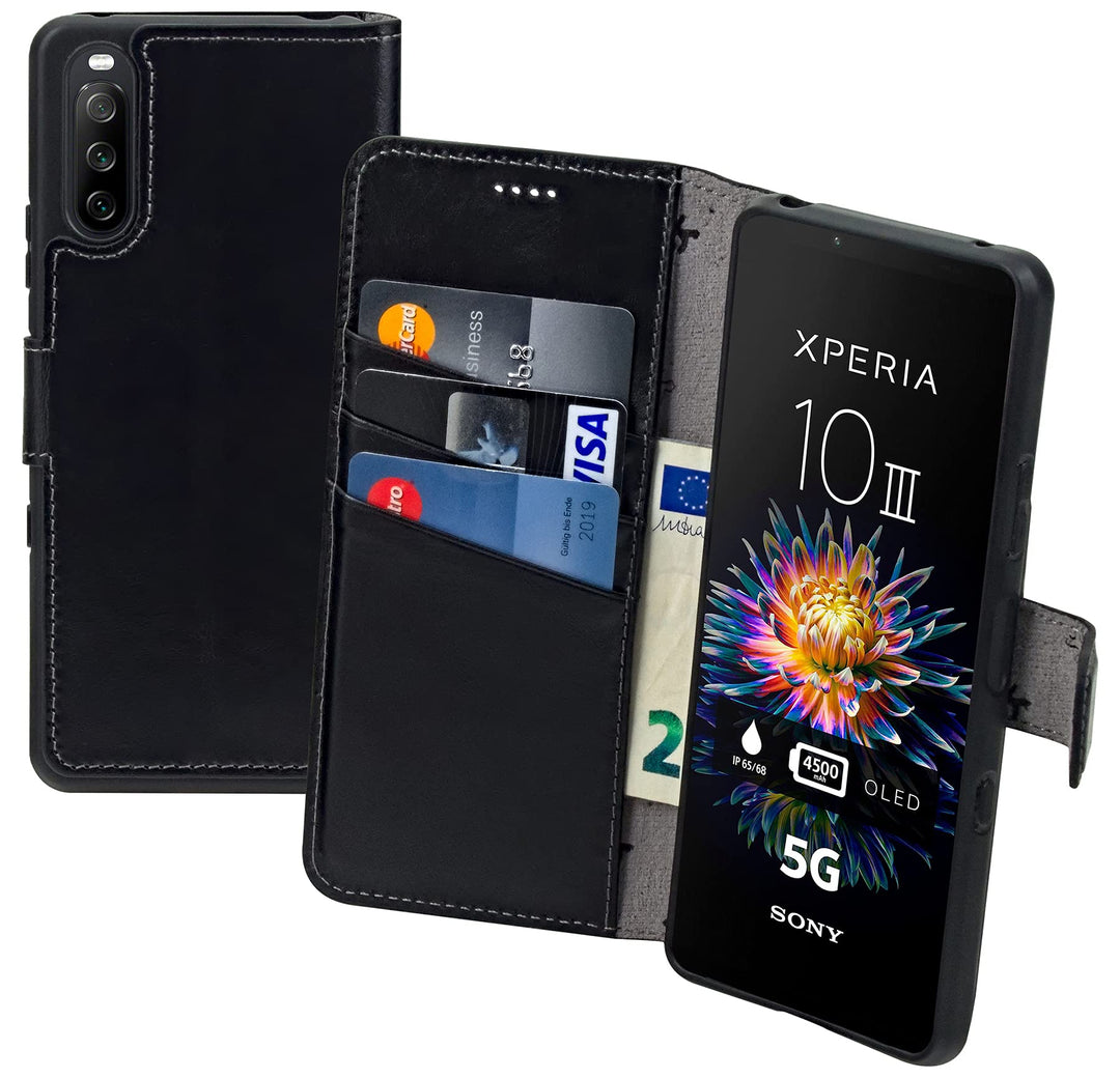 Suncase Book-Style Hülle kompatibel mit Sony Xperia 10 III 3 (2021) Leder Tasche (Slim-Fit) Lederhül