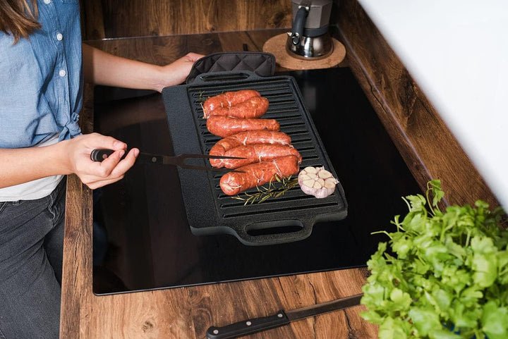 Rosenstein &amp; Söhne Grillzubehör: Gusseiserne Wende-Grillplatte, 34 x 21 cm, 2er-Set (Grillplatten Gr