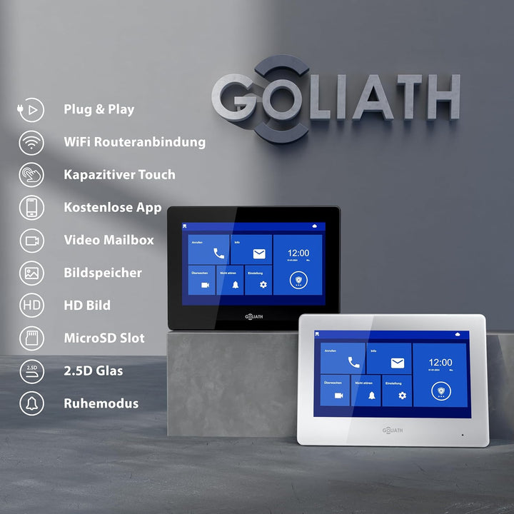 GOLIATH Basic Video Türsprechanlage, 2 Draht Bus, 2X 7 Monitor, Unterputz Türklingel mit Kamera, Geg