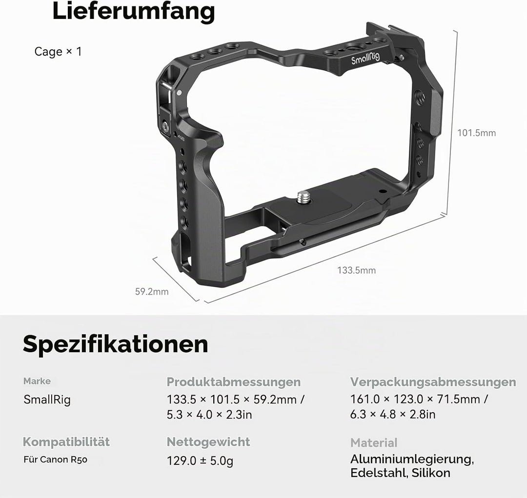 SMALLRIG R50 Käfig für Canon R50 Kamera, Aluminiumlegierung mit Schnellwechselplatte für Arca-Stände