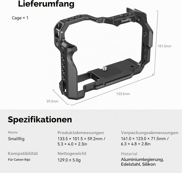 SMALLRIG R50 Käfig für Canon R50 Kamera, Aluminiumlegierung mit Schnellwechselplatte für Arca-Stände
